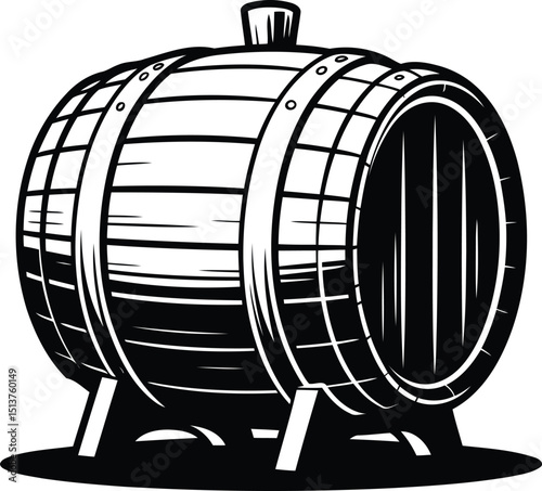 Silhouette Vector of Vintage Wooden Barrel with Metal Bands.