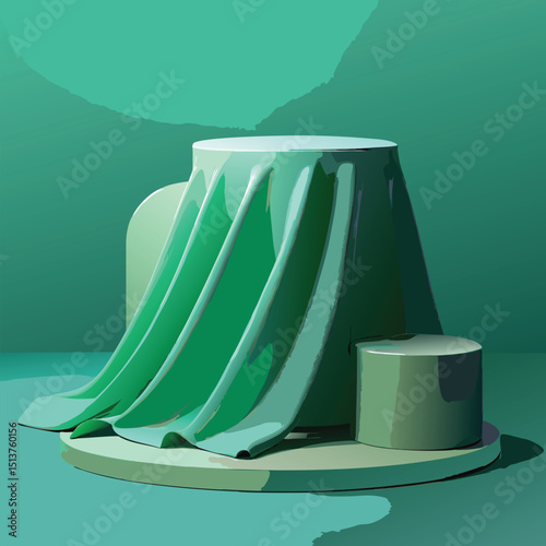 Abstract 3d render of a teal cloth drape over a display pedestal and geometric shapes