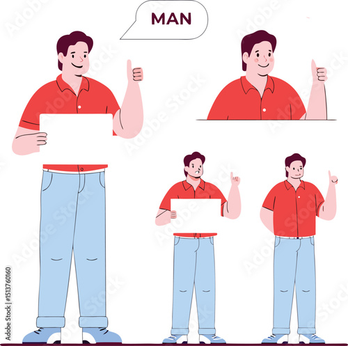 Happy man holding blank sign thumbs up diverse poses