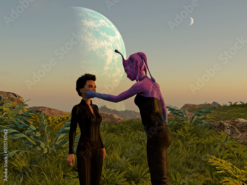Wallpaper Mural 3d illustration of a female alien leaning forward and touching the cheek of a short human on an extraterrestrial world at sunset. Torontodigital.ca