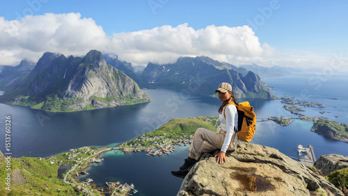 Adventurous traveler overlooking stunning landscape in Norways Lofoten Islands