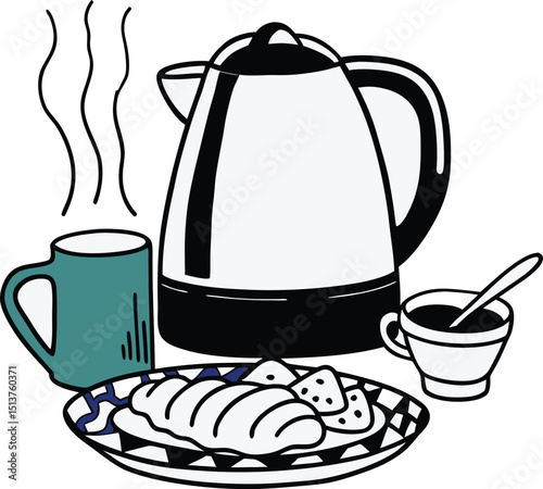 Breakfast scene with electric kettle coffee mug pastries