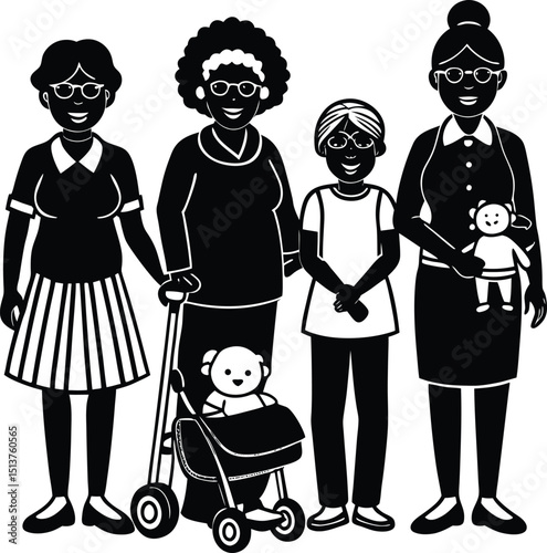 Multigenerational family women group portrait black and white illustration