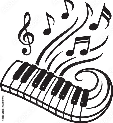 Piano keys with music notes, elegant line design