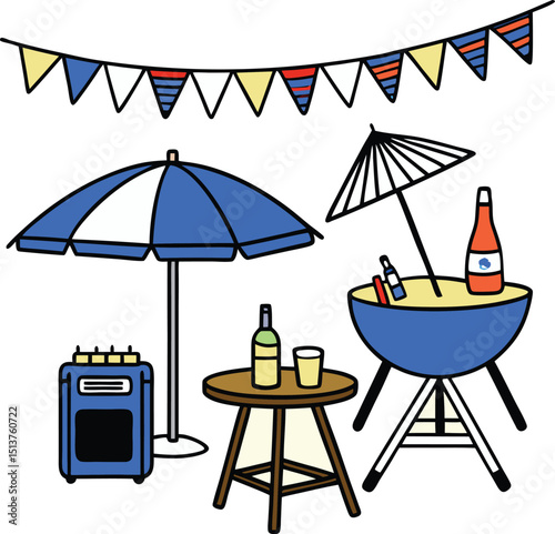 Summer backyard party scene with umbrellas drinks and music