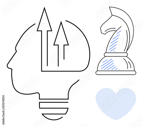 Profile-shaped lightbulb with arrows symbolizing growth, chess knight for strategy, and heart for empathy. Ideal for creativity, strategy, decision-making, growth, ideation, leadership emotional
