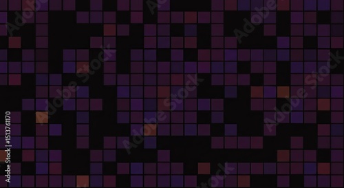 Abstract pixelated pattern of squares in shades of dark purple and orange on a black background