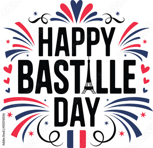 Happy Bastille Day Vector Design with Fireworks| France 14th July Celebration| Vector illustration, card, banner or poster for the French National Day
