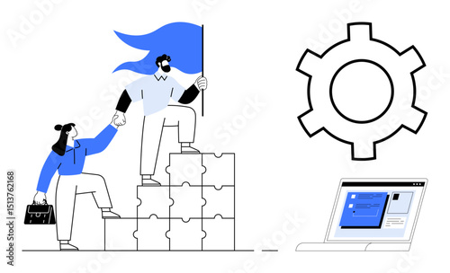 Two team members climb puzzle blocks, holding a flag and briefcase, symbolizing leadership and teamwork. Large gear and laptop screen represent problem-solving, workflow, and business strategies