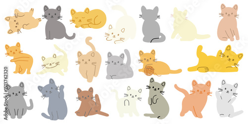Hand drawn cute cat illustration set. Playful kittens in different poses. Vector pet illustrations of sitting, stretching, walking, grooming, and lying cats. 
Simple line style doodles with paw prints