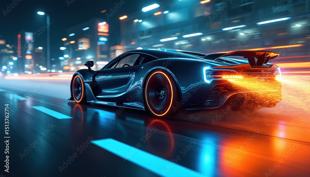 Obraz premium High-speed sports car wheel spinning with neon blue light streaks. Futuristic automobile design. Dynamic motion, acceleration, speed and power. Car racing on night urban street. Automotive tech.