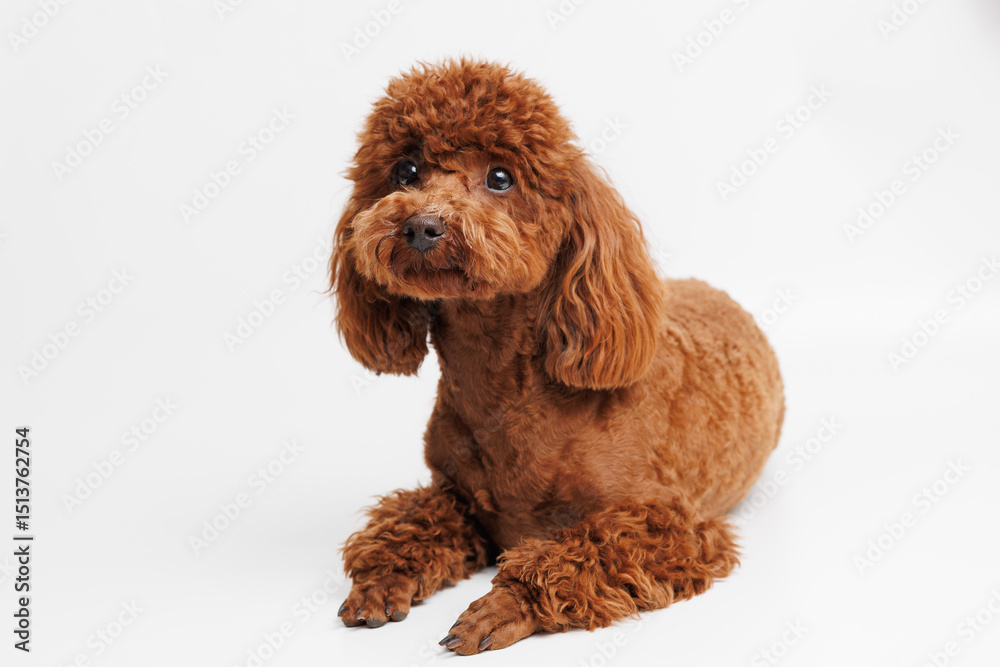 Fototapeta premium Portraite of cute fluffy puppy of Maltipoo. Little smiling dog on white background. Free space for text.