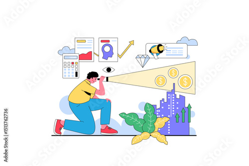 Businessman visionary seeking financial growth strategy isolated on transparent background