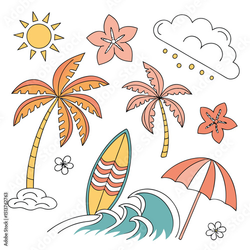 Summer Beach Scene with Palm Trees Surfboard and Sunshine illustration