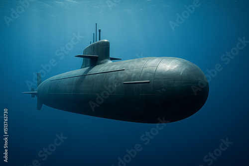 Underwater military submarine cruising silently in deep blue ocean depths.