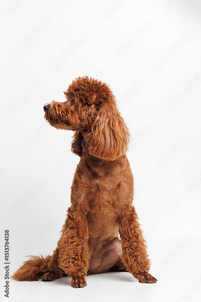 Fototapeta premium Portraite of cute fluffy puppy of Maltipoo. Little smiling dog on white background. Free space for text.