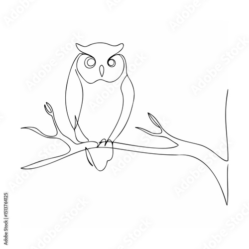 Minimalist one line owl perched on branch simple line art for creative designs
