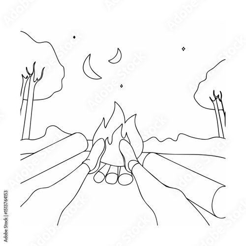 Cozy evening campfire scene under the moonlight with friends and outline illustration