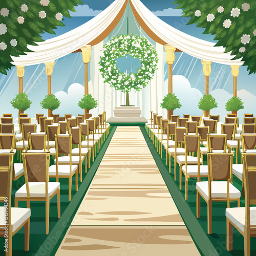 Beautiful cartoon illustration of a wedding ceremony arrangement with chairs and floral decoration