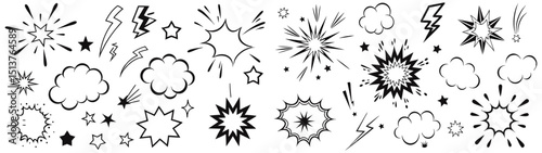 Set of Black and White Comic Book Effects. This graphic collection features a variety of comic book effects, including speech bubbles, explosions, stars, and lightning bolts.