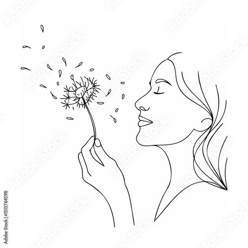 Minimalist line art illustration of a woman blowing dandelion seeds against white background