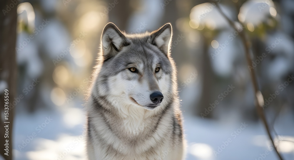 Fototapeta premium Close-up portrait of a gray wolf in a snowy forest with intense gaze