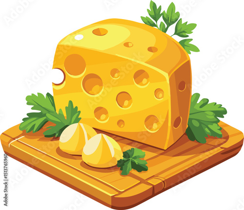 Cartoon Cheese Slice Vector on Wooden Board with Parsley and Garlic. Vector Cartoon Cheese Block with Herbs and Garlic on Wooden Cutting Board. 
