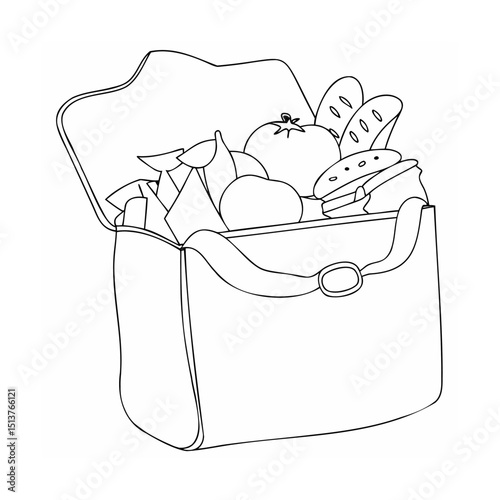 Hand-drawn illustration of an open lunch bag with various foods inside it