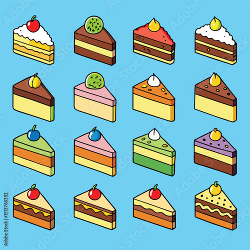 Delightful Sweet Treats A Vibrant Array of Isometric Dessert Slices and Cake Pieces