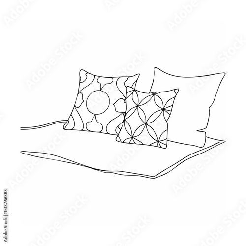 Elegant line art illustration featuring pillows with geometric patterns and relaxed aesthetic