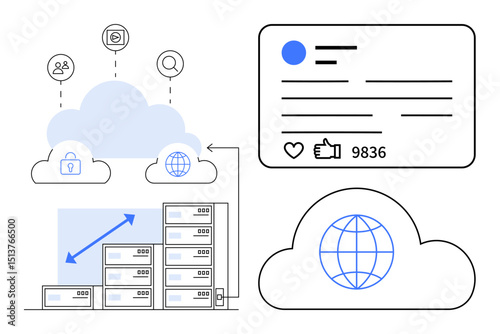 Cloud connectivity with servers, analytics arrow, global access icon, networking symbols, and social media card. Ideal for cloud services, data management, global connectivity, networking social