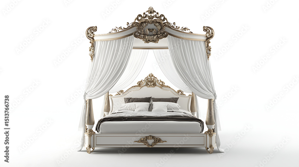 A bed with a canopy and white curtains A bed with a canopy and white curtains