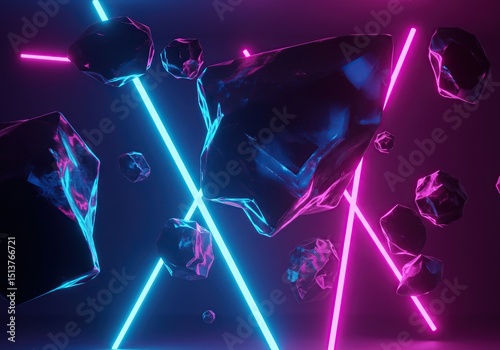 Abstract scene with dark objects and vibrant neon light