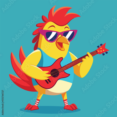 Cartoon chicken character with sunglasses rocking a red electric guitar against a blue background