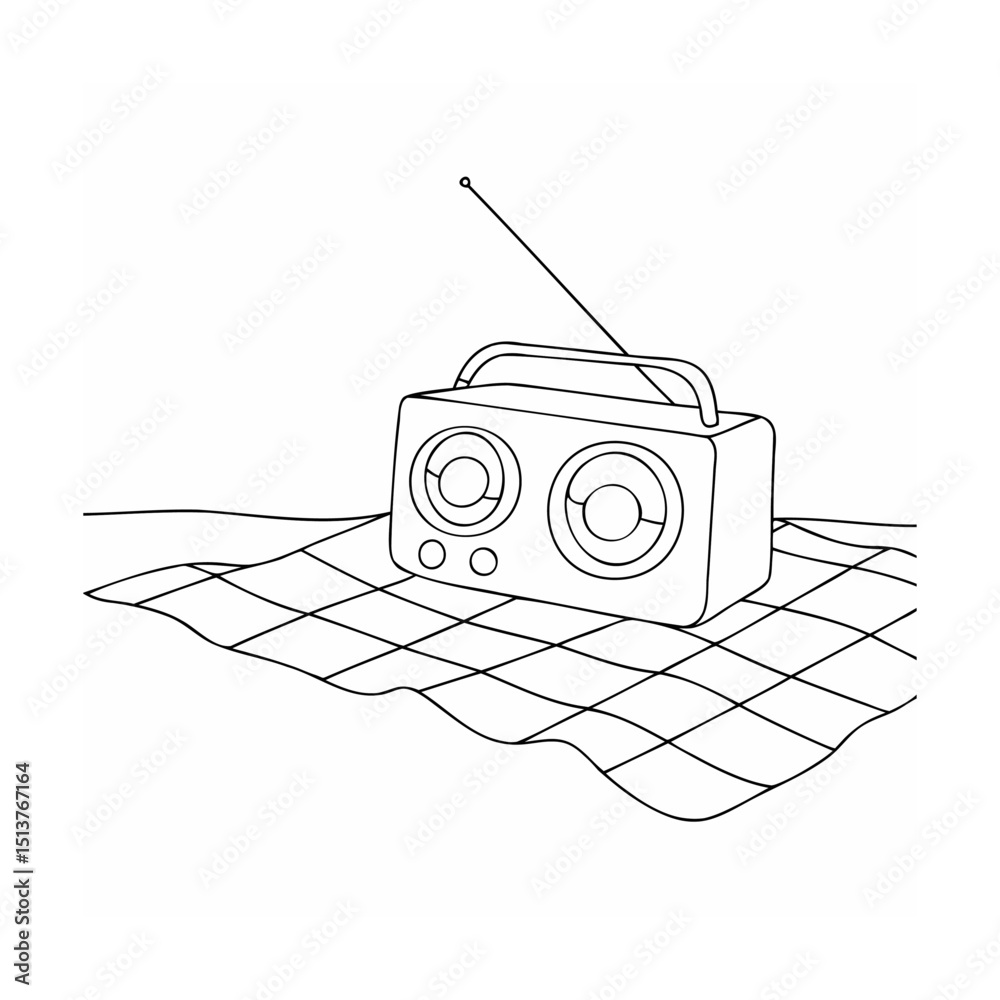Vintage radio on picnic blanket simple line art illustration in black and white