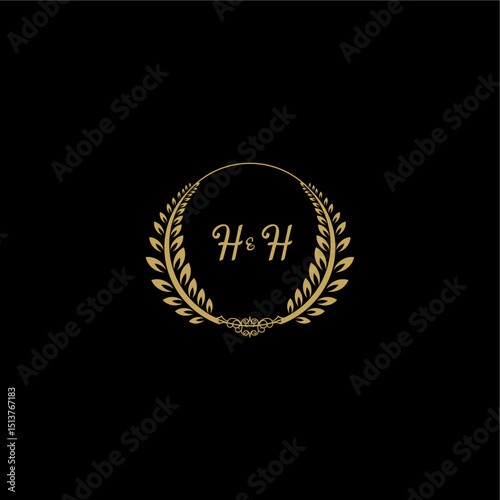 HH beautiful, feminine and elegant wedding monogram initial logo with circle floral gold