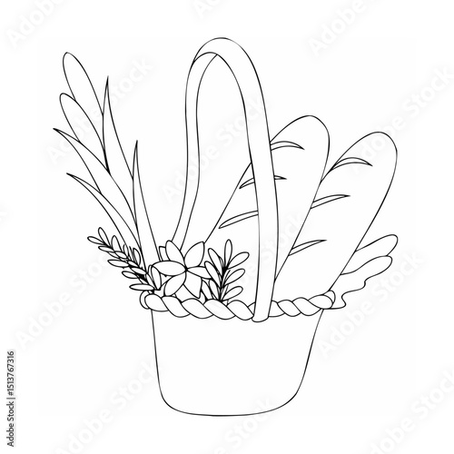 Elegant hand drawn basket overflowing with bread and spring floral elements in black and white