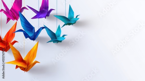 Colorful origami birds suspended against a light background, symbolizing freedom and creativity