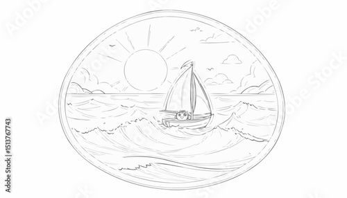 Serene coloring page featuring a sailboat on the ocean with the sun shining in the sky
