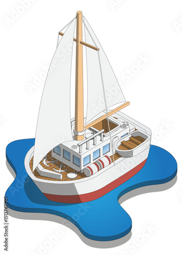 Sailing ship. Isometric. Isolated on white background. Vector illustration.