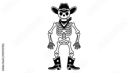 Cowboy Skeleton Vector. Western Cowboy Skeleton with Hat, Boots, and Bandana for Halloween, Spooky, or Wild West Design.