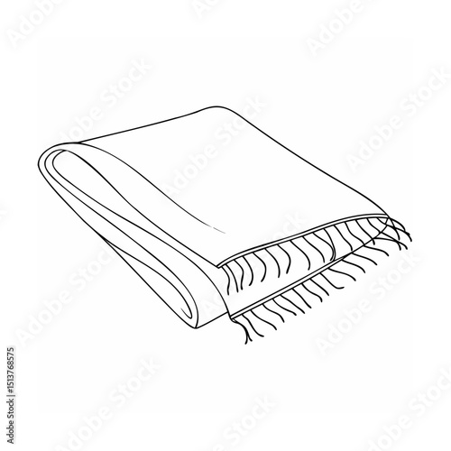 Simple hand drawn outline of a folded blanket with fringe edges on white background