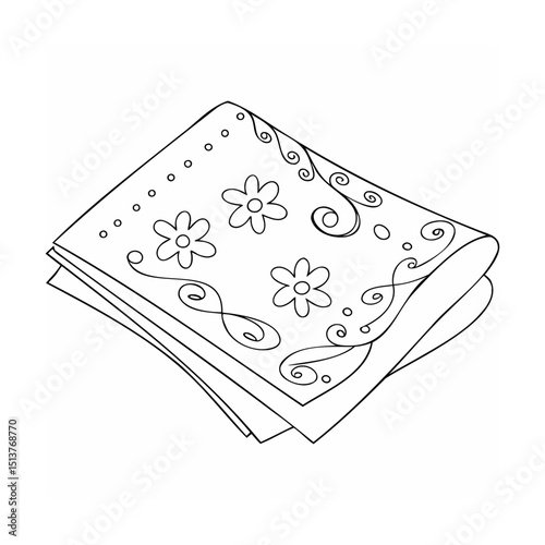 Decorative floral handkerchief folded and stacked monochrome vector illustration for coloring pages