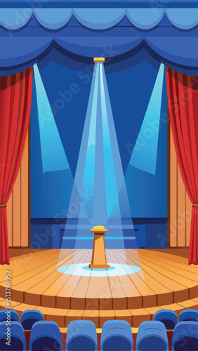 Cartoon illustration of a theater stage with a podium and spotlight for entertainment
