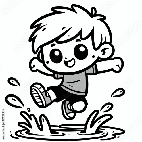 Cute boy jumping into puddle in cartoon