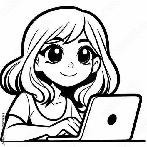 Cute girl working on laptop illustration