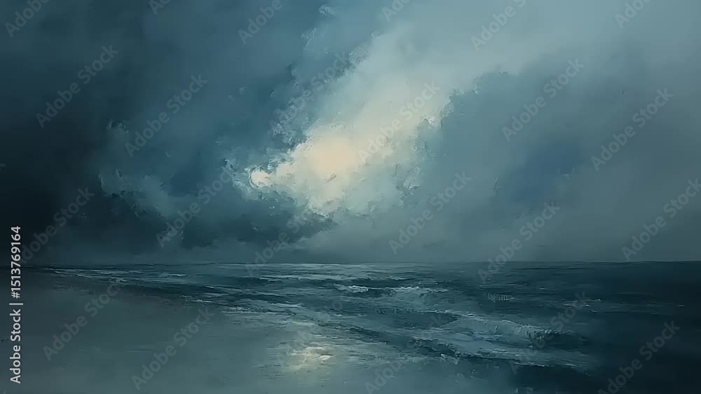 Dramatic seascape under stormy skies with turbulent waves and soft light breaking through clouds Dramatic seascape under stormy skies with turbulent waves and soft light breaking through clouds