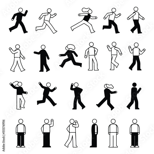 Diverse People Walking, Running, and Standing Simple Icon Set