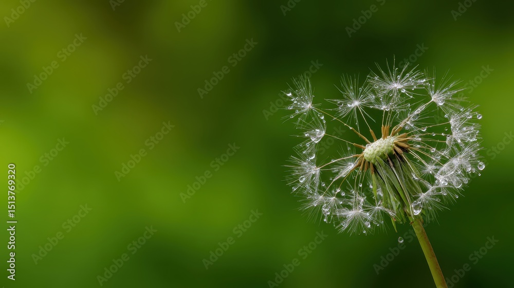 Fototapeta premium Close-up of a dandelion with water droplets, set against a blurred green background