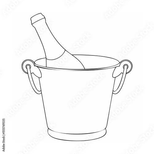 Black and white illustration of champagne bottle chilling in ice bucket for celebration